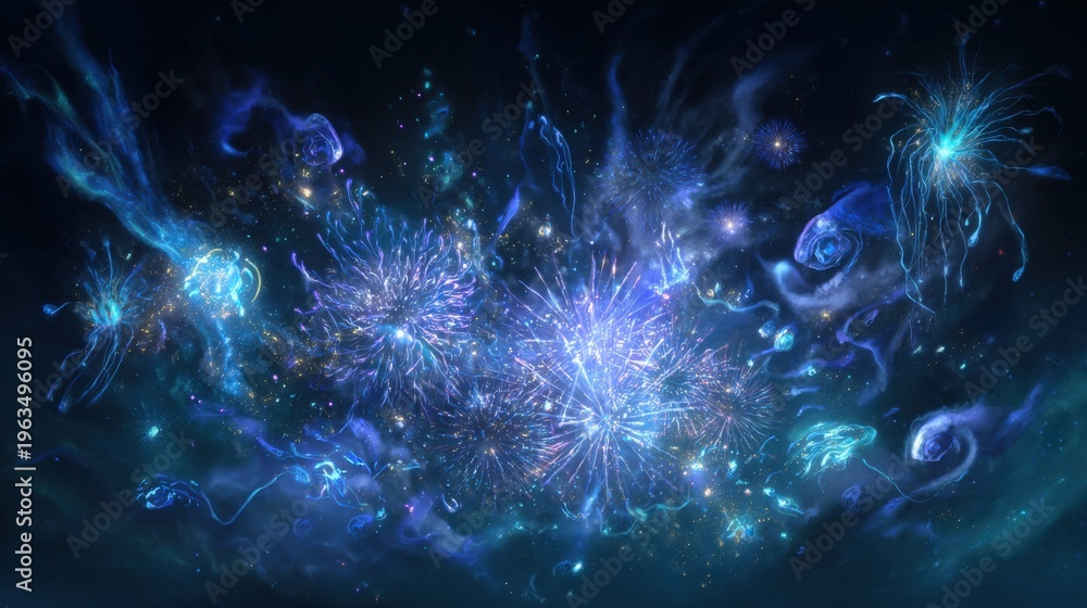 Fototapeta premium Cosmic explosion of abstract galactic fireworks in a vivid night sky
