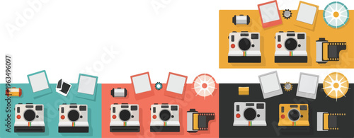 Retro instant camera and photography equipment set with polaroid frames film rolls and flash accessories in flat style.