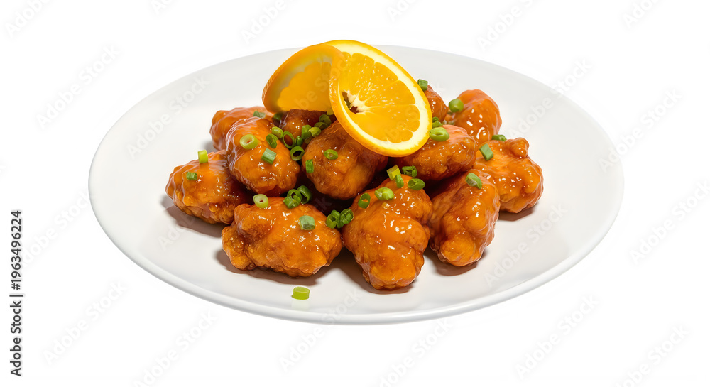 Fototapeta premium Crispy orange chicken on white plate isolated on transparent background