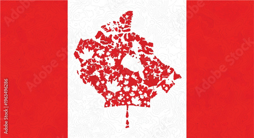Canadian flag with maple leaf map, creative Canada day vector illustration, red and white patriotic banner with textured mosaic map of Canada