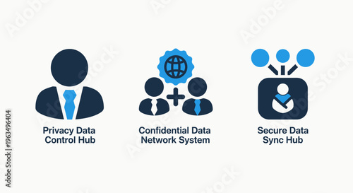 Set of three modern flat business icons for privacy data control hub, confidential data network system, and secure data sync hub, representing cybersecurity and information protection services
