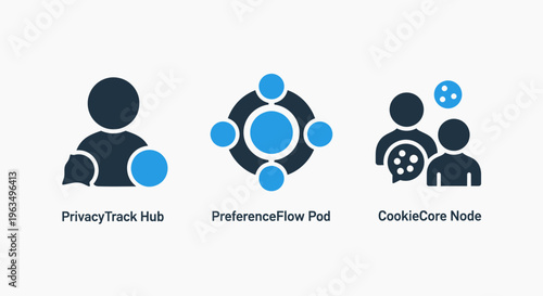 Set of three flat business icons representing privacy track hub, preference flow pad, and cookie code node, symbolizing user data tracking, personalization settings, and web privacy compliance