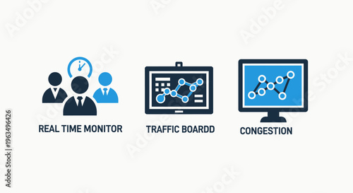 Set of three flat business icons for real time monitor, traffic board, and congestion alerts, illustrating logistics management, transportation flow, and urban infrastructure monitoring systems