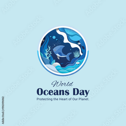 World oceans day vector illustration with an underwater scene, promoting ocean conservation and marine life protection.