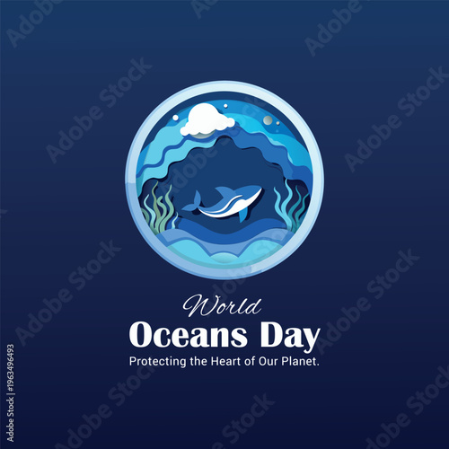 A vibrant graphic celebrating world oceans day with a layered illustration of marine life and ocean waves