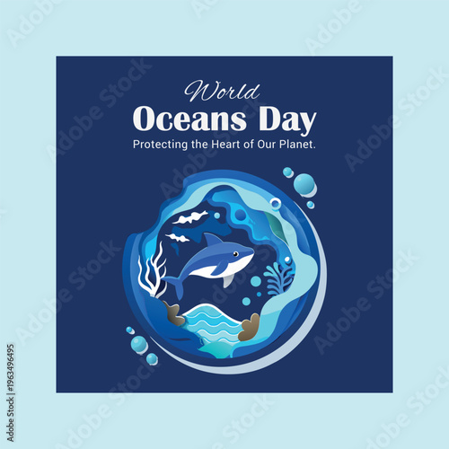 Tableau sur toile World oceans day graphic depicting marine life within a stylized ocean sphere, promoting planetary protection