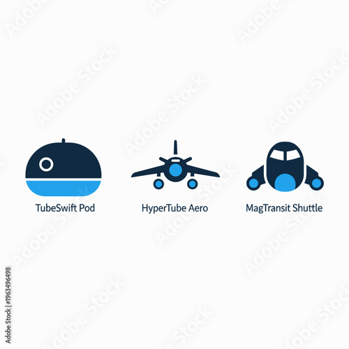Futuristic high speed transport icons representing hyperloop pod, aero jet, and magnetic transit shuttle for advanced travel, logistics, and modern infrastructure concept illustrations on white backgr