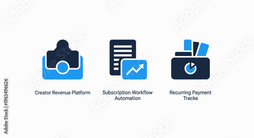 Business analytics and financial operations icon set showing subscription and revenue tracking