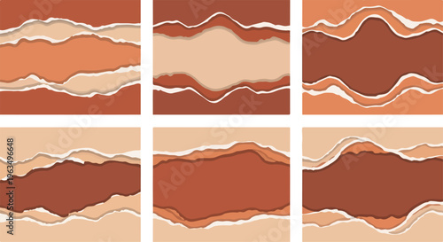 Torn paper backgrounds in brown and beige tones for text placeholders with layered aesthetic and abstract earthy style.