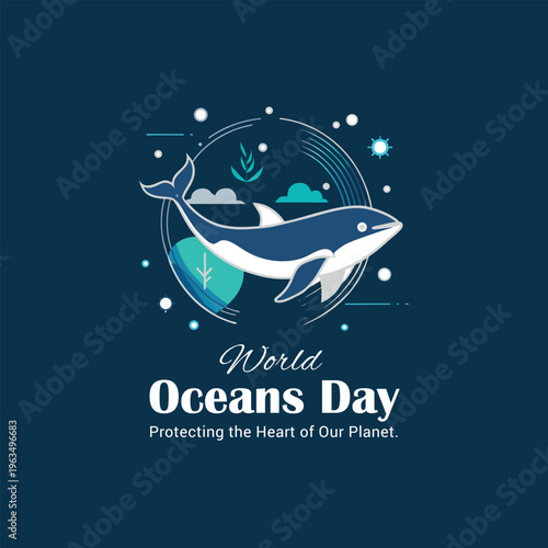 World oceans day illustration with an orca whale and globe protecting the heart of our planet.