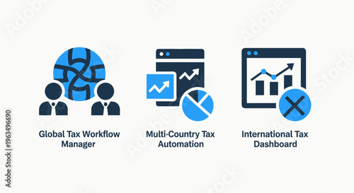 Global tax workflow and international financial dashboard icons set featuring tax management, multi-country automation, and financial analysis. flat vector illustration for accounting and tax systems
