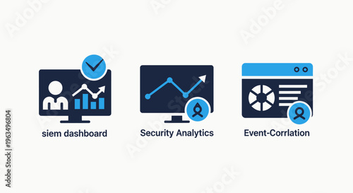 Set of siem dashboard and security analytics icons showing event correlation and data monitoring for cybersecurity operations centers and threat detection systems in a clean professional vector style
