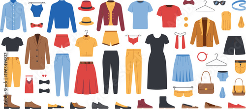 Modern clothing and accessories set with flat vector icons of men and women fashion garments for capsule wardrobe and retail app design,