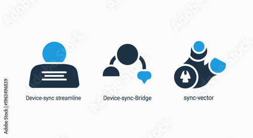 Set of data synchronization and messenger connectivity icons for digital communication systems and information transfer workflows in a clean modern flat vector graphic style for technology apps