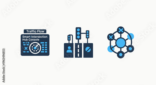 Smart traffic flow monitoring and infrastructure network management icons featuring traffic lights, data hubs, and connected road logistics diagrams for urban planning and city sensor technology syste