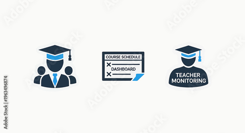 Educational monitoring and school administration icons featuring teacher portal, student assessment dashboard, and remote classroom tracking for modern e-learning and education technology platforms se
