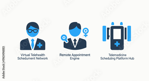 Professional virtual healthcare and remote medical service icons set including telehealth doctor, patient consultation, and appointment scheduling platform for telemedicine and digital health solution