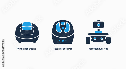 Modern medical diagnostic and remote health monitoring technology icons featuring ultrasound scanner, telemedicine headset, and robotic patient monitoring hub for advanced digital healthcare services