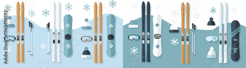 Winter sports equipment set including skis snowboards goggles hats and snowflakes on snowy blue landscape backgrounds art.