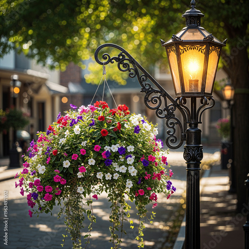 Colorful flower basket hanging from vintage lamp post in summer  