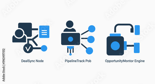 Set of modern icons for digital technology processes including workflow management, task tracking, and cloud data monitoring in a minimalist blue and dark grey flat design style for corporate use