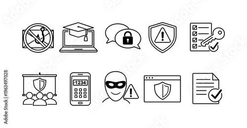 Cybersecurity icons collection representing online safety, education, and threat prevention