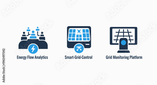 Smart energy grid and power consumption analytics icons depicting energy flow, grid monitoring platforms, and electrical distribution control in a high-tech modern vector graphic design collection