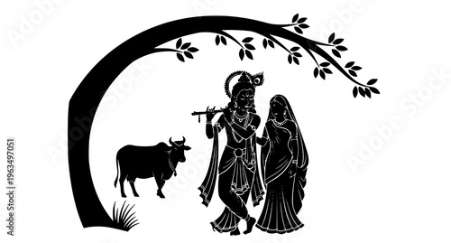 Krishna and radha under a tree with a cow
