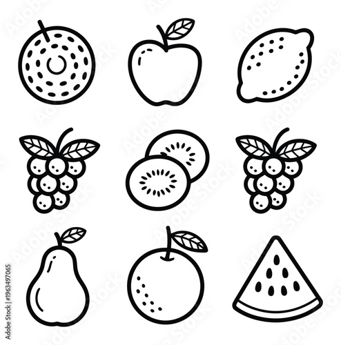 A collection of simple black and white fruit including apple, grapes, kiwi, and watermelon