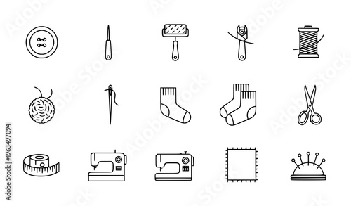 Sewing and tailoring icon pack in rounded square style for mobile UI with thread tools and fashion elements