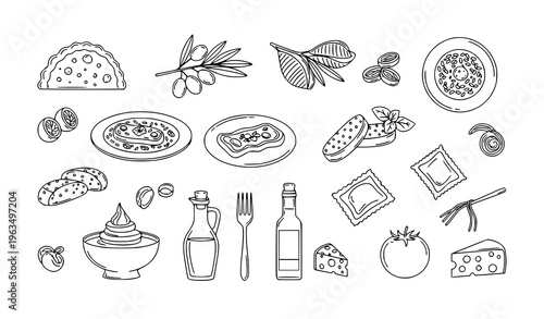 Minimal monoline Italian food icon set with pasta ravioli olives and gourmet cuisine symbols for web design