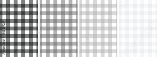 Gingham fabric pattern set with gradient grayscale variations. Classic checkered textile backgrounds for clean minimal design. Versatile collection ideal for template, branding, or presentation use.