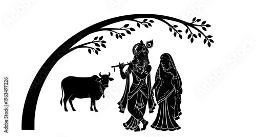 Krishna and radha under a tree with a cow