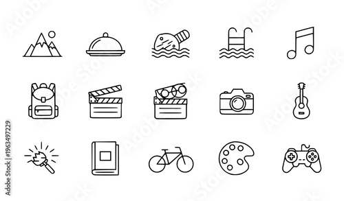 Modern hobbies line icon set with mountain music cinema and lifestyle activity symbols for UI and mobile app design