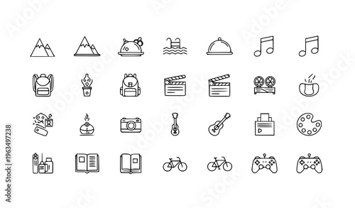 Hobbies lifestyle icon pack in rounded square style with travel music and activity elements for mobile UI design