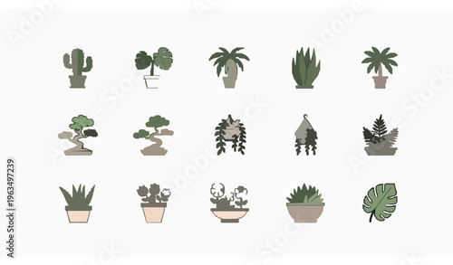 Potted plant icon pack in rounded square style with indoor greenery and botanical elements for mobile UI design