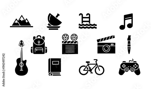 Minimal flat hobbies icon set with music travel cinema and lifestyle activity symbols for web and app design