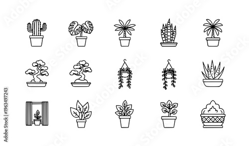Linear potted plants icon set with cactus monstera succulent and indoor plant symbols for UI and web design