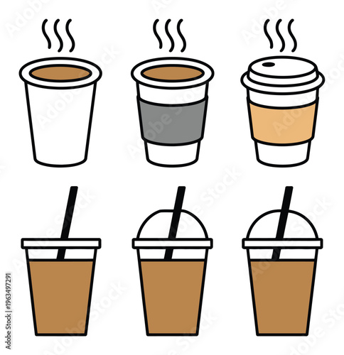 Collection of stylized coffee cups, hot and cold drinks