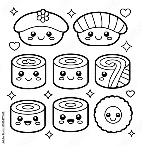 Cute Kawaii Sushi Characters with Sparkles and Hearts
