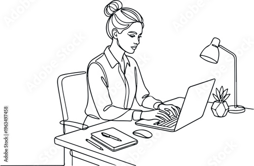 Continuous line art of woman working on laptop at desk, modern office workspace, productivity and corporate concept, minimalist vector.
