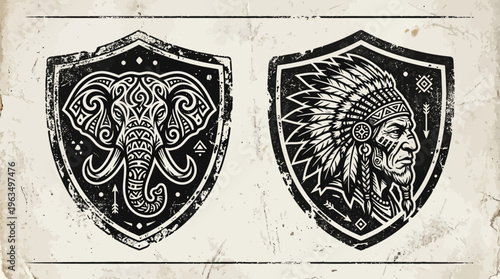 Black and white tribal shields side by side.