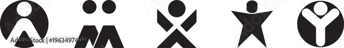 Set of Minimalist Abstract Human Figures and Community Icons Representing Diversity, Social Inclusion, and People Symbols in Black and White Silhouette