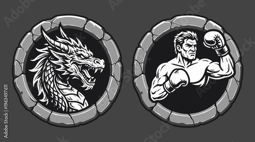 Boxer and dragon head icons.