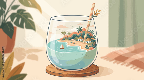 Cocktail glass with tropical island scene.