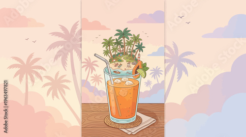 Colorful tropical cocktail with umbrella.