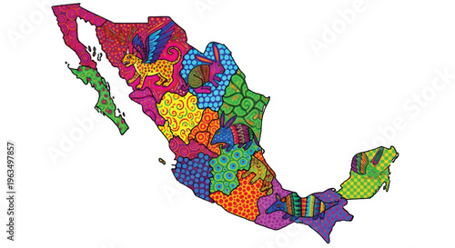 Mexican map vector illustration with alebrije folk art patterns, colorful Mexico silhouette with traditional spirit animals and floral designs