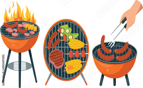 Barbecue grill set vector, outdoor bbq party with sausages, steak, corn, and vegetables, on white