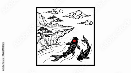 Koi Fish Swimming in Water Column.