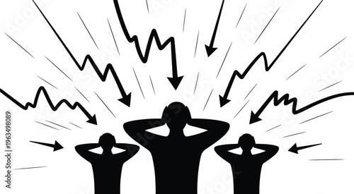 Three black silhouettes with hands behind heads facing multiple directional arrows and jagged lines